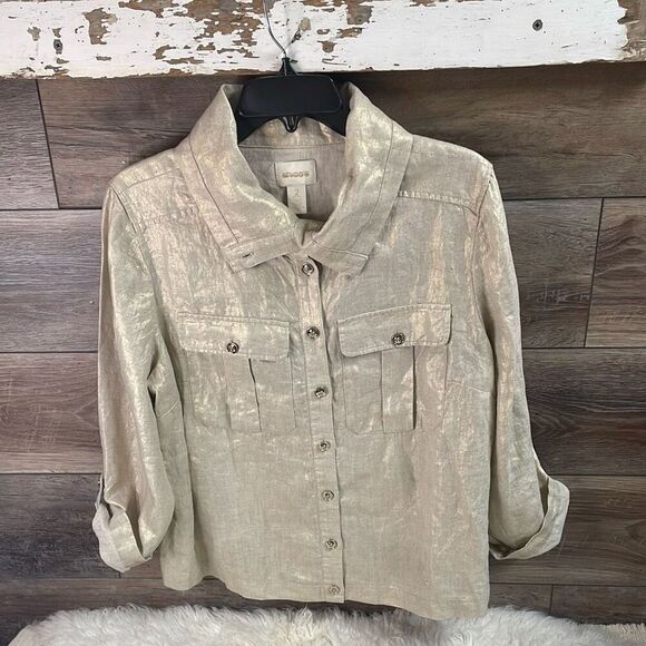 CHICO’S Women’s Gold Metallic Buttonup Linen Tab Sleeves Blouse Sz 1 Petite - Picture 3 of 7